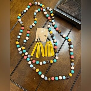 Plunder Yellow Tassel Earrings and necklace with Beads